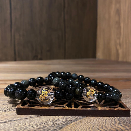 黑曜石。白水晶達摩雕刻 | Daruma Obsidian & Clear Quartz Bracelet