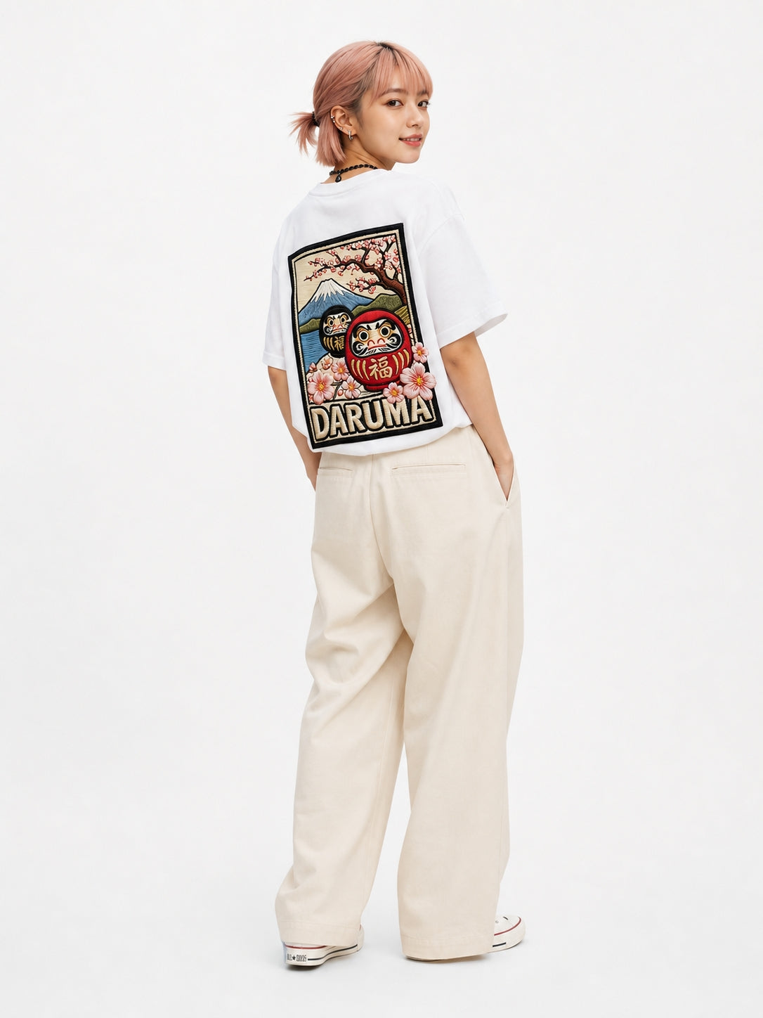 達摩櫻花數碼織繪T恤｜Daruma Embroidery Print T-shirt