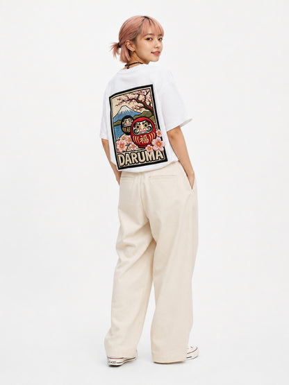 Daruma Cherry Blossom Digital Embroidery Print T-shirt