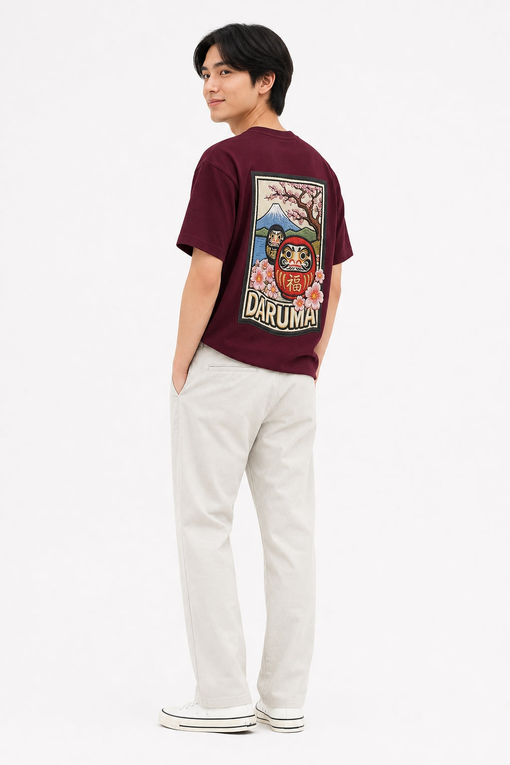 達摩櫻花數碼織繪T恤｜Daruma Embroidery Print T-shirt