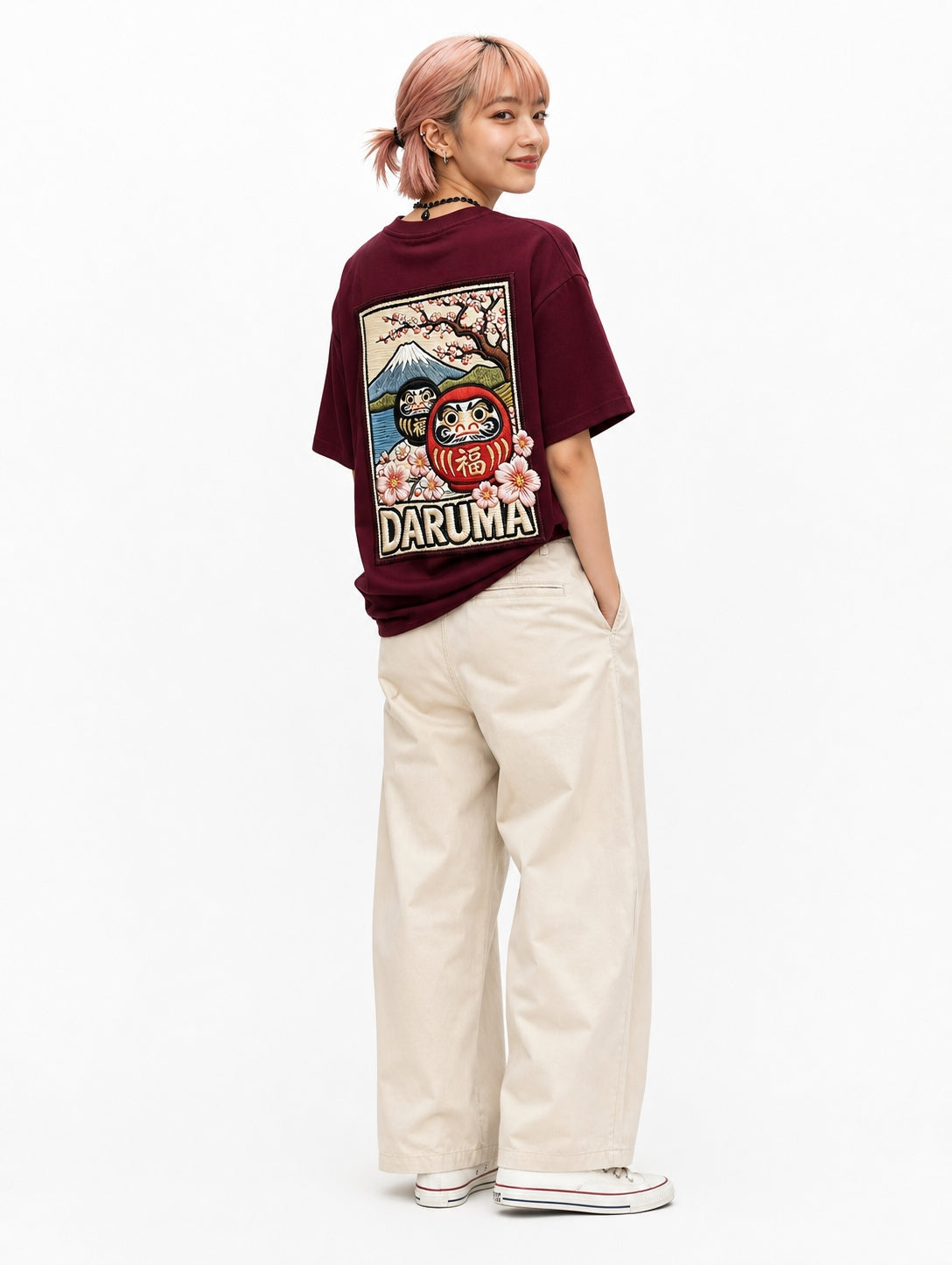 達摩櫻花數碼織繪T恤｜Daruma Embroidery Print T-shirt