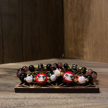 黑曜石草莓晶達摩手串 | Obsidian Strawberry Quartz Daruma Bracelet