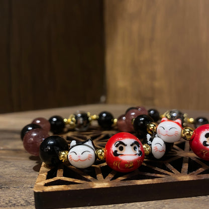 黑曜石草莓晶達摩手串 | Obsidian Strawberry Quartz Daruma Bracelet