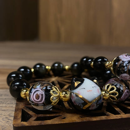 黑曜石。招財貓 | Black Obsidian Maneki Neko Bracelet