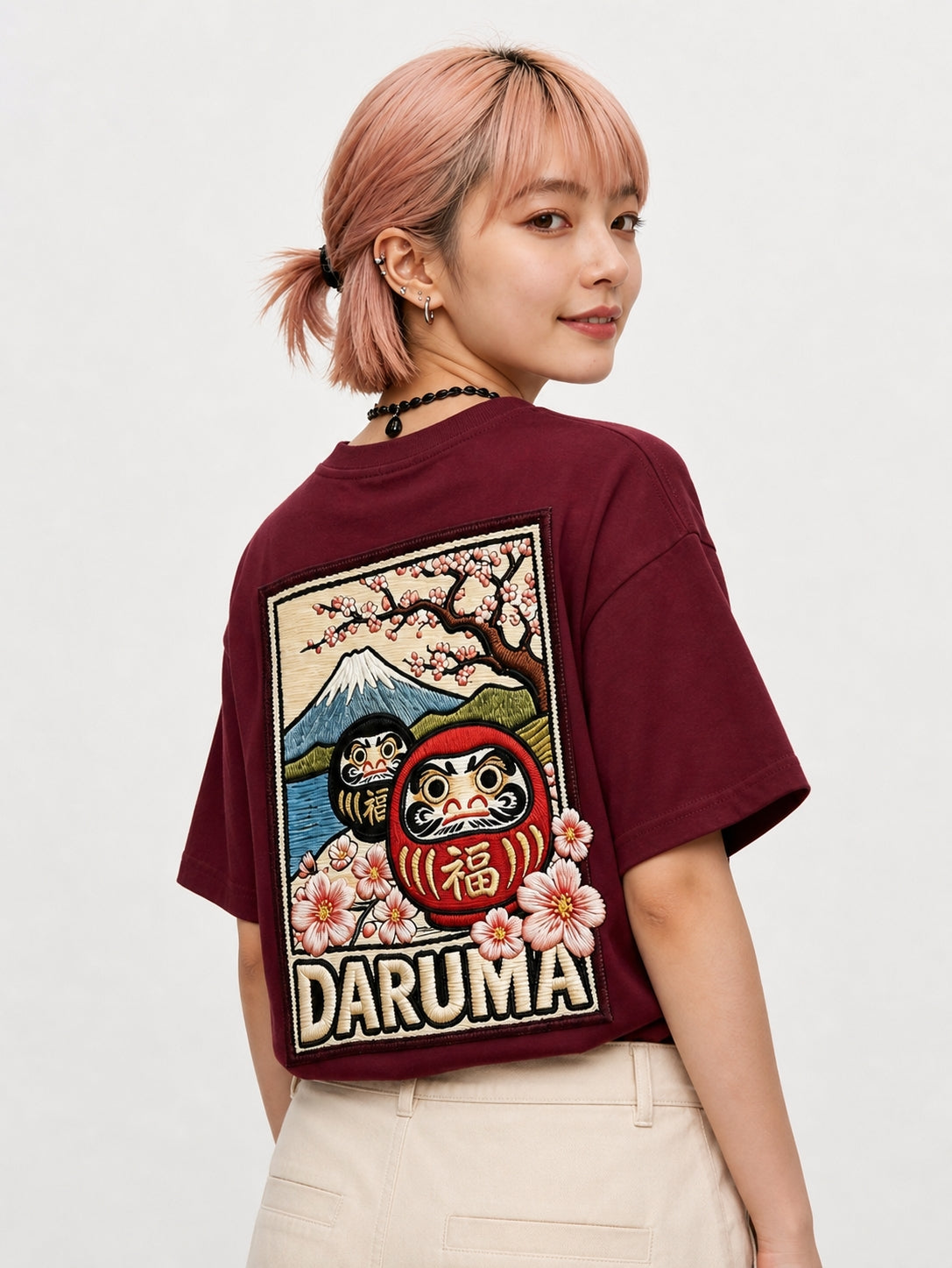 達摩櫻花數碼織繪T恤｜Daruma Embroidery Print T-shirt