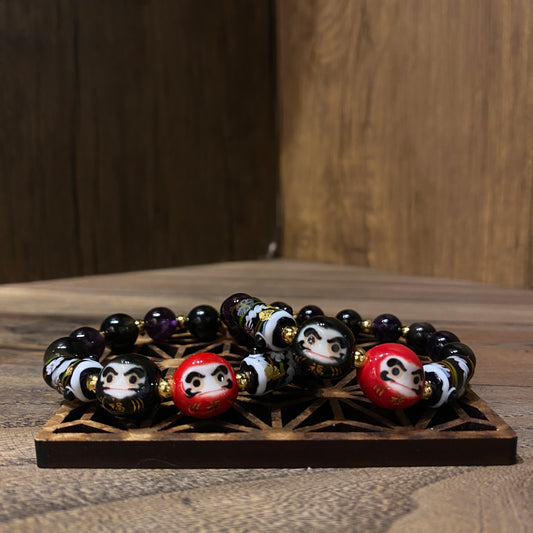 黑曜石紫牙烏鯉魚配紅黑達摩手串 | Black Obsidian Purple Garnet Koi Red & Black Daruma Bracelet