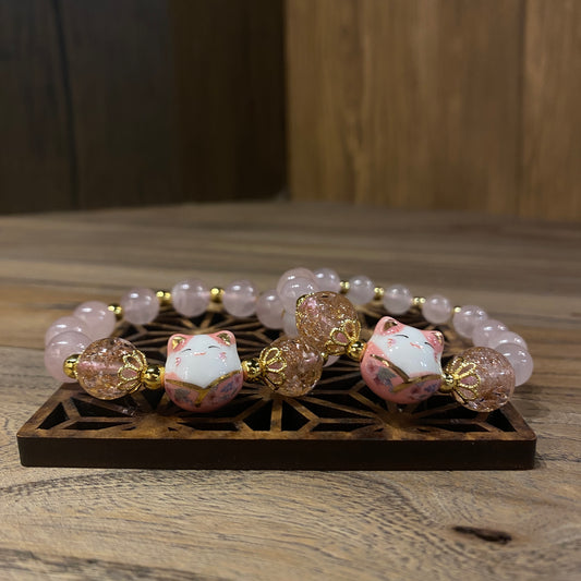 粉晶。招財貓 | Pink Quartz Maneki Neko Bracelet