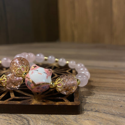 粉晶。招財貓 | Pink Quartz Maneki Neko Bracelet