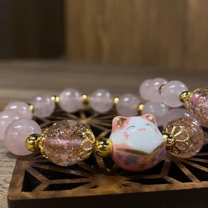 粉晶。招財貓 | Pink Quartz Maneki Neko Bracelet