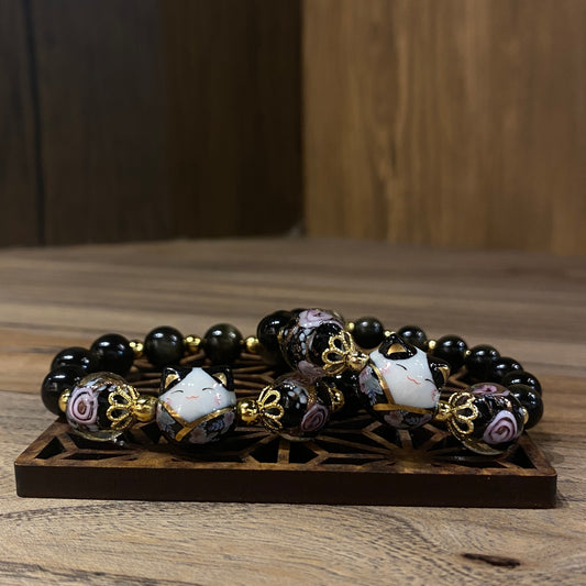 黑曜石。招財貓 | Black Obsidian Maneki Neko Bracelet