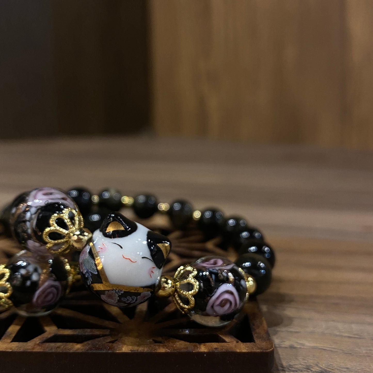 黑曜石。招財貓 | Black Obsidian Maneki Neko Bracelet