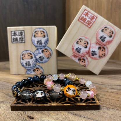 粉晶藍虎眼達摩情侶手串｜Rose Quartz Blue Tiger Eye Daruma Couple Bracelets