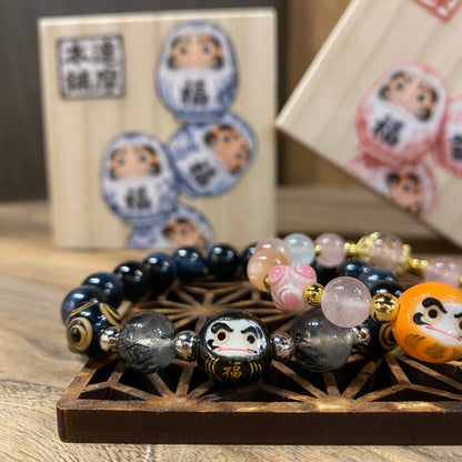 粉晶藍虎眼達摩情侶手串｜Rose Quartz Blue Tiger Eye Daruma Couple Bracelets