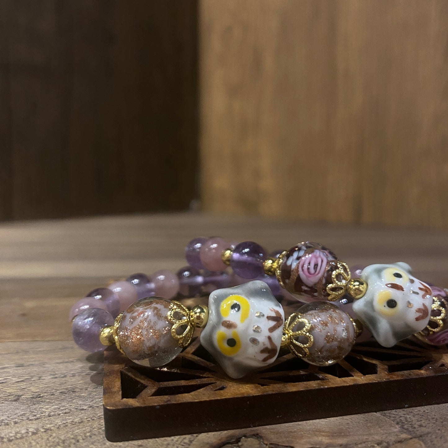 粉晶配紫晶貓頭鷹手串 | Rose Quartz & Amethyst Owl Bracelet