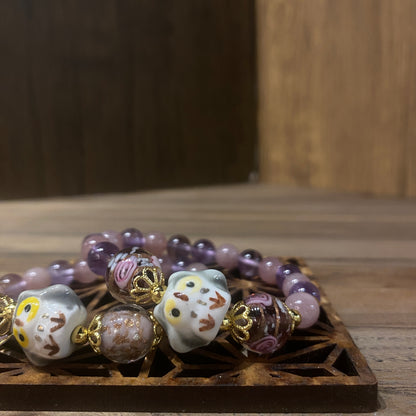 粉晶配紫晶貓頭鷹手串 | Rose Quartz & Amethyst Owl Bracelet