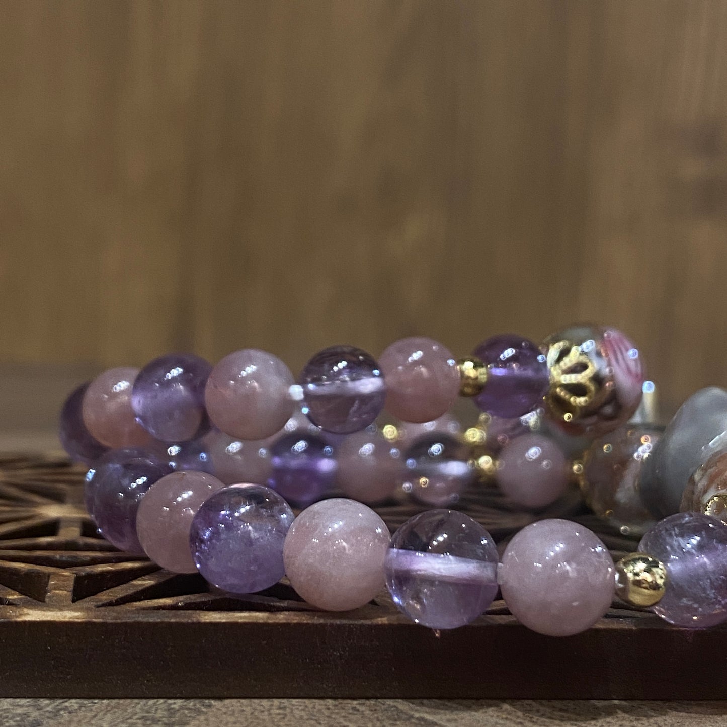 粉晶配紫晶貓頭鷹手串 | Rose Quartz & Amethyst Owl Bracelet