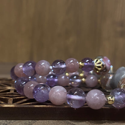 粉晶配紫晶貓頭鷹手串 | Rose Quartz & Amethyst Owl Bracelet