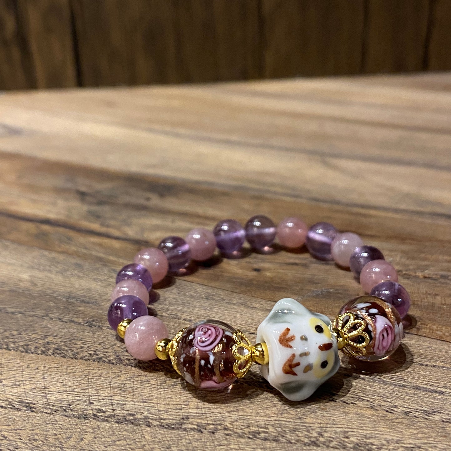 粉晶配紫晶貓頭鷹手串 | Rose Quartz & Amethyst Owl Bracelet