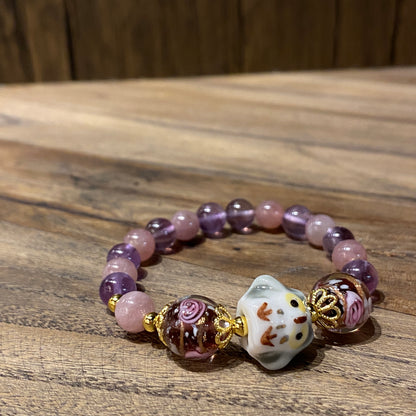 粉晶配紫晶貓頭鷹手串 | Rose Quartz & Amethyst Owl Bracelet