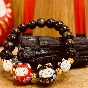紅黑達摩猫配黑金曜 10mm